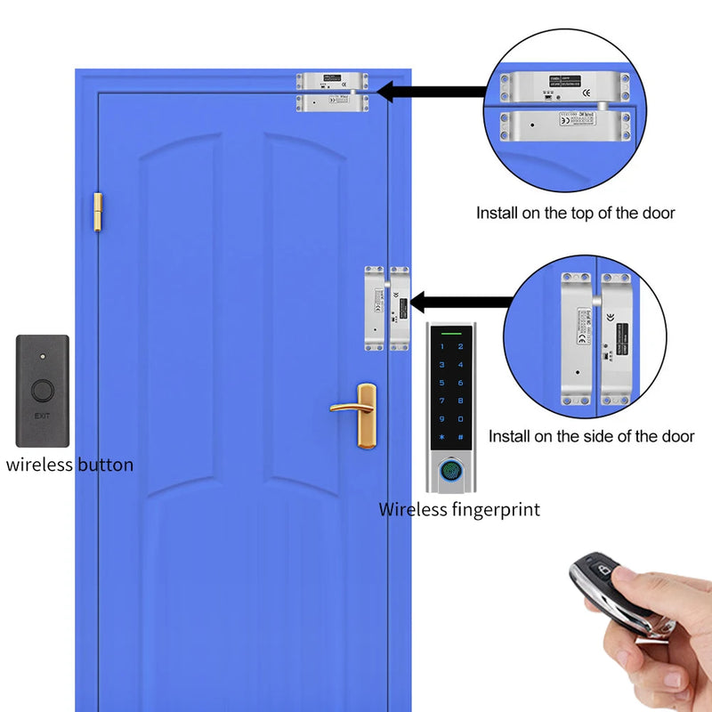 IP65 Waterproof 433Mhz Door Wireless Access Control System Bometrics RFID Keypad+Electric Lock+Exit Button+Remote Control Key