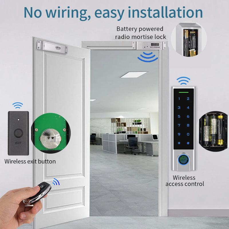 IP65 Waterproof 433Mhz Door Wireless Access Control System Bometrics RFID Keypad+Electric Lock+Exit Button+Remote Control Key