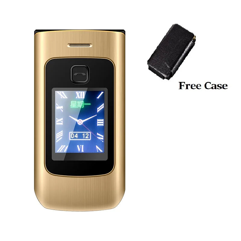 Free Case SOS Big Button Senior Cover Phone Basic Style Easy Use for Elderly 2G GSM Dual Screen Flip Cellphone Camera Torch