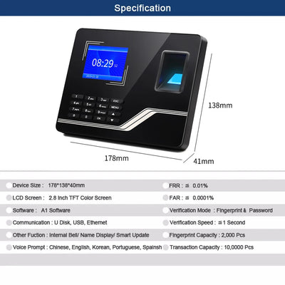 5YOA Fingerprint Time Attendance System TCPIP USB Access Control Office Clock Employee Recorder Device Biometric Machine