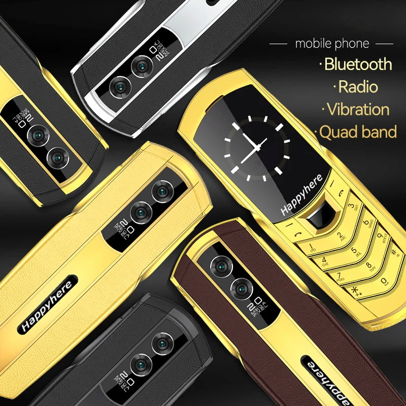 New Unlock V8 Bar Luxury Metal Handmade Phone Quad band Dual Sim Leather case Bluetooth FM Radio Push-button mobile phone