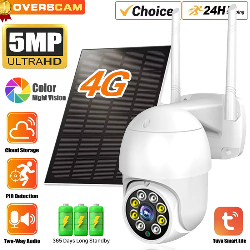 4G Sim Card PTZ Camera Outdoor Wireless Solar IP Camera 5MP HD Solar panels Video Surveillance Camera Long Time Standby Tuya APP