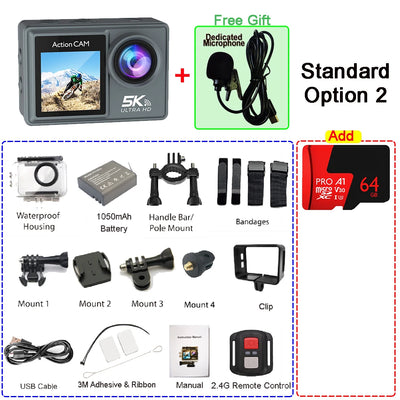 5K 4K60FPS Action Camera Dual IPS Touch LCD EIS 170° DVR 30M Waterproof 5X Zoom Sport Camera With Wireless Mic & Pre Recording