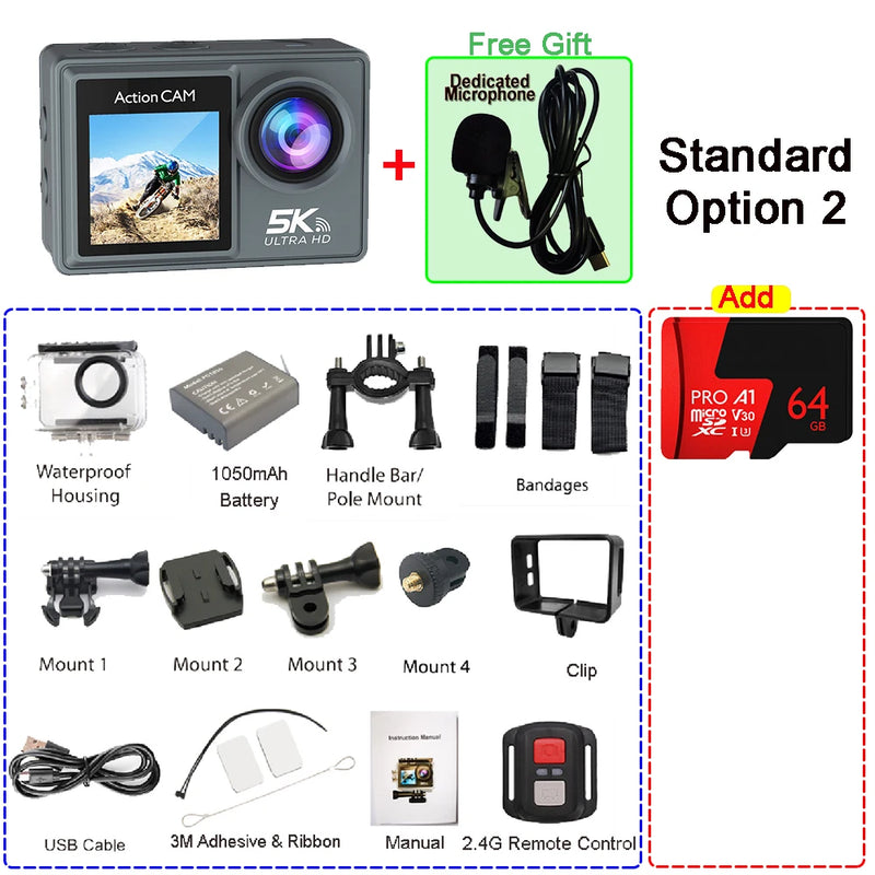 5K 4K60FPS Action Camera Dual IPS Touch LCD EIS 170° DVR 30M Waterproof 5X Zoom Sport Camera With Wireless Mic & Pre Recording