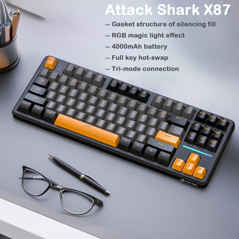 Attack Shark X87 Wireless Gaming Keyboard, Gasket, RGB Backlit, Hot-Swap, 3-Mode Connectivity, Large Battery, Compact TKL Layout