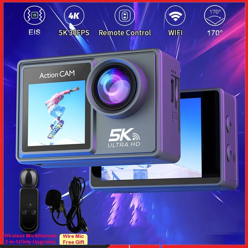 5K 4K60FPS Action Camera Dual IPS Touch LCD EIS 170° DVR 30M Waterproof 5X Zoom Sport Camera With Wireless Mic & Pre Recording