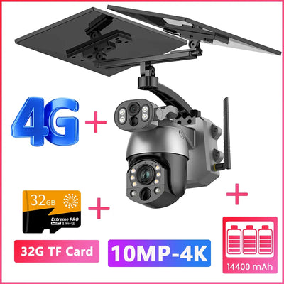 4K 4G SIM Solar Camera 10MP Dual Lens 50X Zoom Surveillance WIFI Outdoor PTZ Security Video Monitor Human Detection CCTV IP Cam