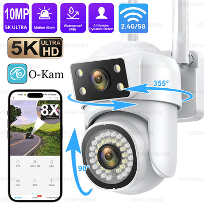 New 10MP 5K PTZ Wifi Camera Dual Lens with Dual Screen Ai Human Detect Auto Tracking Outdoor Surveillance Camera O-KAM