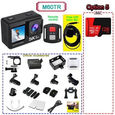 5K 4K60FPS Action Camera 50MP 2" Touch Dual Screen 5X Zoom Wi-Fi EIS 170° DVR Webcam Wireless Mic 30M Waterproof Sport Camera