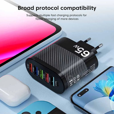 65W 5Ports USB Charger PD Charging Adapter For Xiaomi iPhone 13 Samsung Mobile Phone Plug Charging QC 3.0 Wall Charger