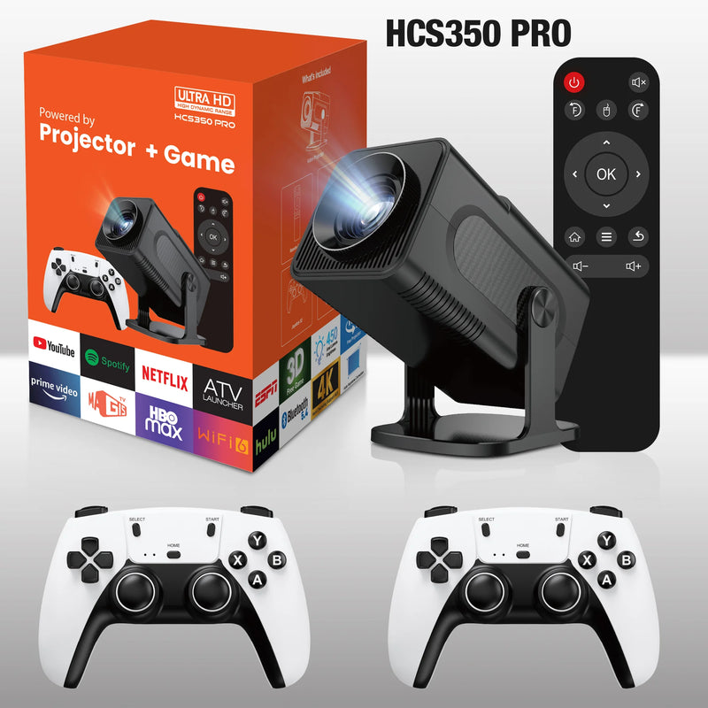 HCS350 Pro Portable Projector Include 2 White Wireless Game Controllers 3800 Games Support 4K 1080P Android11 Video Game Console