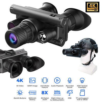 600M Night Vision Binoculars 8X Digital Zoom Tactical Helmet Head Mount Goggles Hunting Telescope 4K Infrared Binoculars