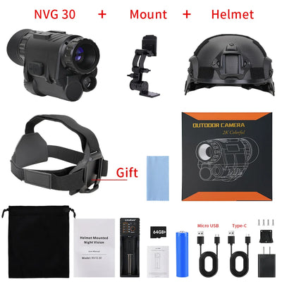 NVG30 Helmet Night Vision Monocular Scope Wide View 40° 940nm 1080P HD Infrared Digital Binoculars IP67 Hunting Telescope