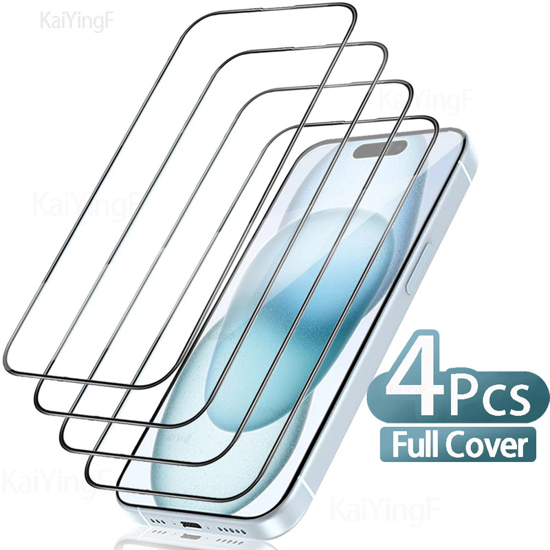 4Pcs Full Cover Tempered Glass For iPhone 16 15 13 13 12 11 Pro Max Plus Anti-Burst Screen Protector For iPhone XR Xs Max Glass