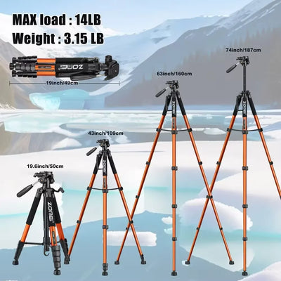 73.6in/187cm Portable Zomei Tripod Aluminum 6kg load capacity for Camera DSLR Canon Nikon 360 Degree Panorama Photography Stand