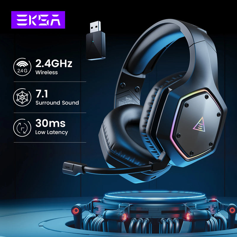 EKSA 2.4GHz Wireless Headphones E1000 WT 7.1 Surround Wired Gaming Headset Gamer with ENC Mic Low Latency for PC/PS4/PS5/Xbox