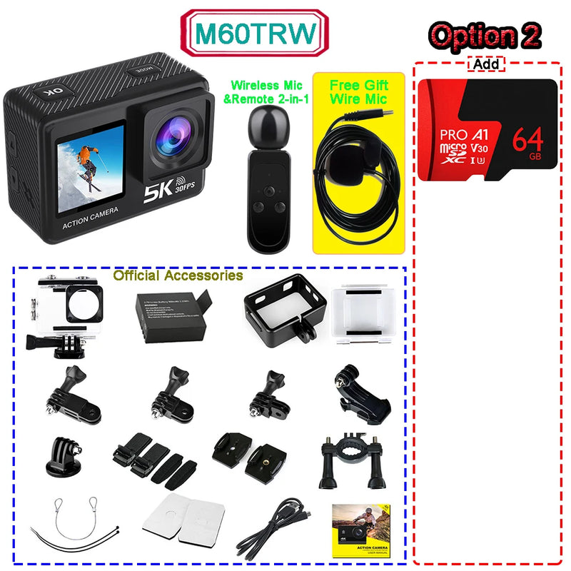 5K 4K60FPS Action Camera 50MP 2" Touch Dual Screen 5X Zoom Wi-Fi EIS 170° DVR Webcam Wireless Mic 30M Waterproof Sport Camera