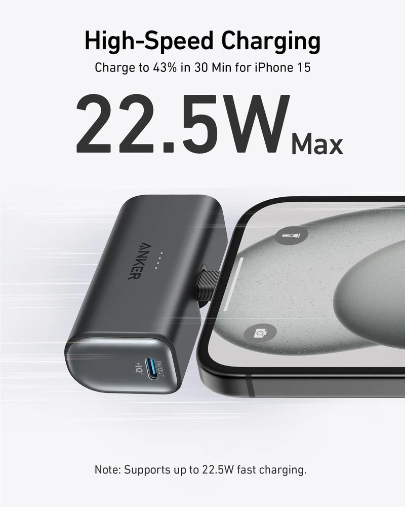 Anker Nano Power Bank 5000mAh Built in USB-C Connector Portable 22.5W Backup Battery for iPhone 15 16 Pro Max Android