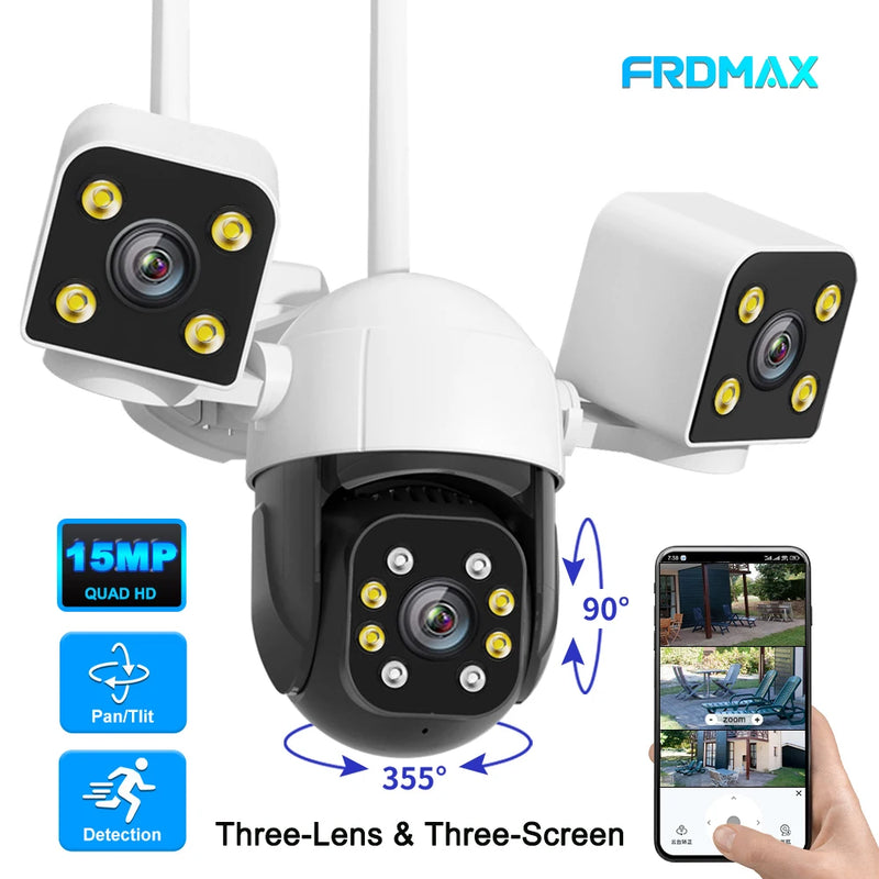 15MP WiFi Camera Outdoor Three lens PTZ Video Surveillance Security Protection 4K IP Camera Smart Home Wireless CCTV Cam NVR