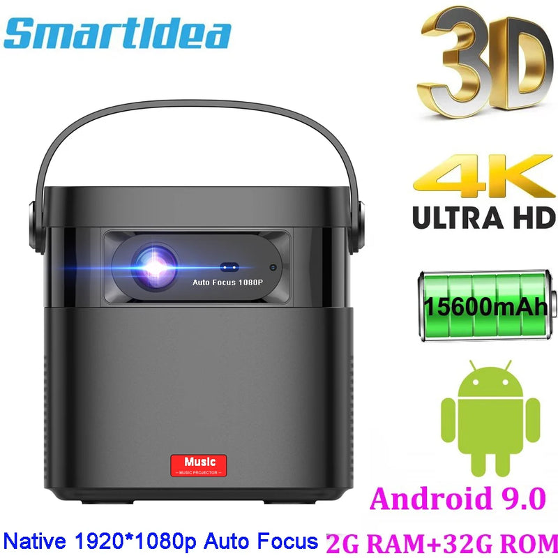 Smartldea Auto Focus 4K 3D DLP Projector Android 9.0 build battery daytime proyector 5G wifi 2G+32G memory game video beamer