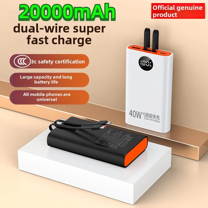 120W Super Fast Charging Mobile Power Bank, 20000mAh Power Bank with Built-in Cable, Suitable for Apple, Android, Huawei