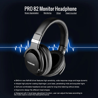 Takstar PRO82 / pro 82 Professional Monitor Headphones HIFI Headset for Stereo PC Recording and Game,Bass Adjustable