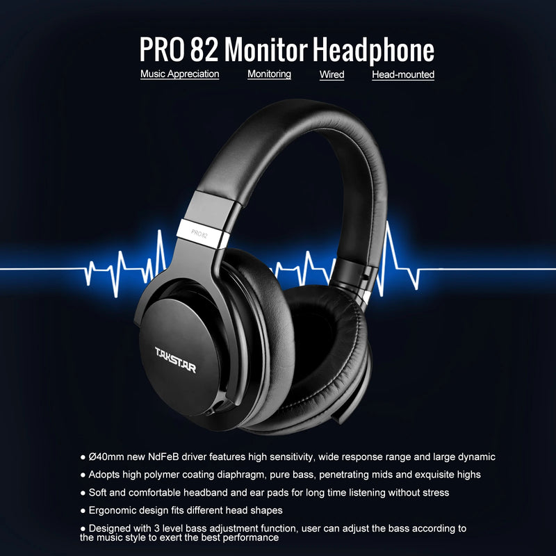 Takstar PRO82 / pro 82 Professional Monitor Headphones HIFI Headset for Stereo PC Recording and Game,Bass Adjustable