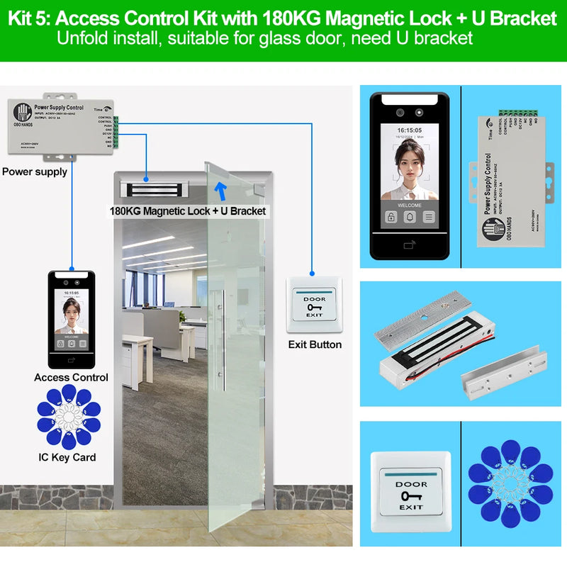 Face Recognition Access Control System Kits door Employee Attendance Reader 5Inch Dynamic Facial Waterproof RFID Password