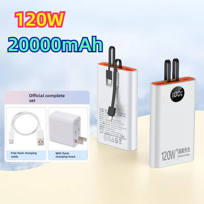 120W Super Fast Charging Mobile Power Bank, 20000mAh Power Bank with Built-in Cable, Suitable for Apple, Android, Huawei