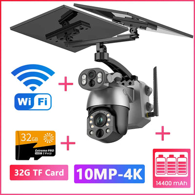 4K 4G SIM Solar Camera 10MP Dual Lens 50X Zoom Surveillance WIFI Outdoor PTZ Security Video Monitor Human Detection CCTV IP Cam