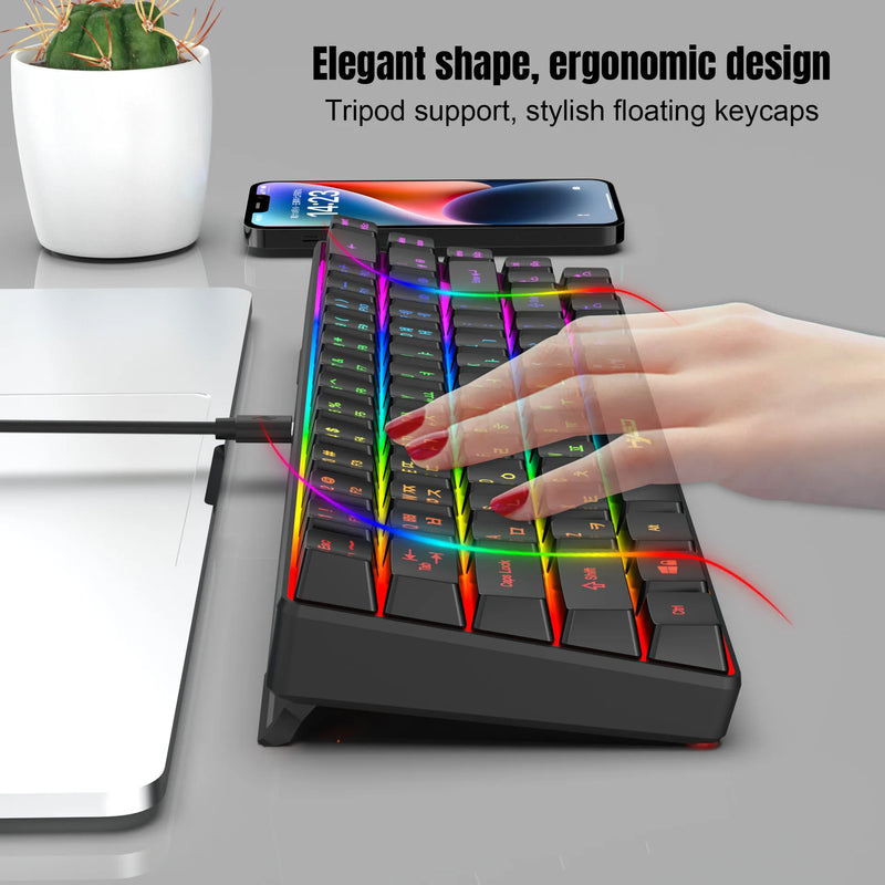 68 Keys Gaming Keyboard USB Wired Korean Keyboard Portable RGB Backlight Spanish English Keyboard for Windows Laptops Computer