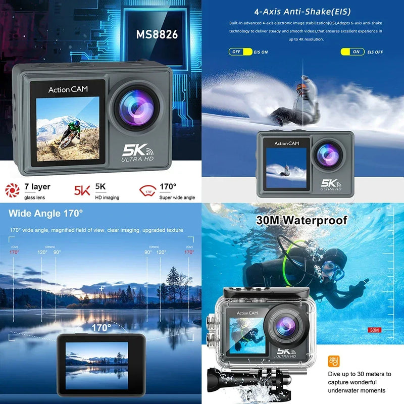 5K 4K60FPS Action Camera 50MP 2" Touch Dual Screen 5X Zoom Wi-Fi EIS 170° DVR Webcam Wireless Mic 30M Waterproof Sport Camera