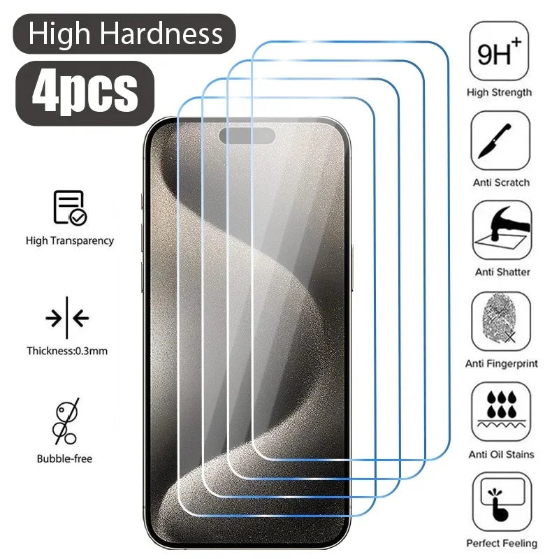 4PCS Tempered Glass For iPhone 16 Pro Max 16Pro 16Plus Full Cover Screen Protector For iPhone 15ProMax 16/15/14/13/12/11 Glass