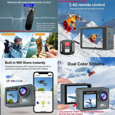 5K 4K60FPS Action Camera 50MP 2" Touch Dual Screen 5X Zoom Wi-Fi EIS 170° DVR Webcam Wireless Mic 30M Waterproof Sport Camera