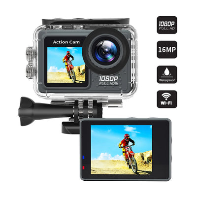 WiFi Action Camera 30m Waterproof Dual Screen Camera 120° Wide Angle Exercise Video Recorder with Accessories Kit