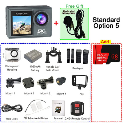 5K 4K60FPS Action Camera Dual IPS Touch LCD EIS 170° DVR 30M Waterproof 5X Zoom Sport Camera With Wireless Mic & Pre Recording