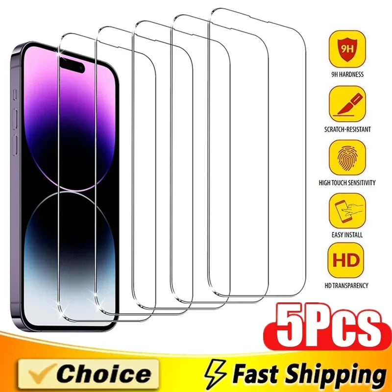 5Pcs Tempered Glass For iPhone 15 13 11 12 14 Pro Max Mini Screen Protector For IPhone 16 7 8 Plus X XR XS MAX Protective Glass