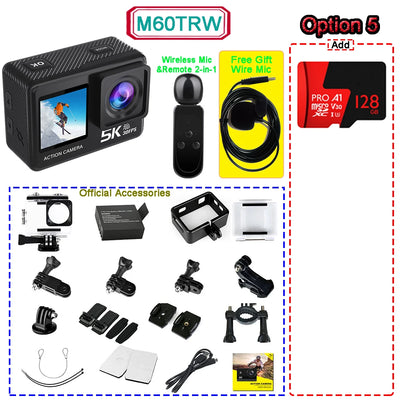 5K 4K60FPS Action Camera 50MP 2" Touch Dual Screen 5X Zoom Wi-Fi EIS 170° DVR Webcam Wireless Mic 30M Waterproof Sport Camera