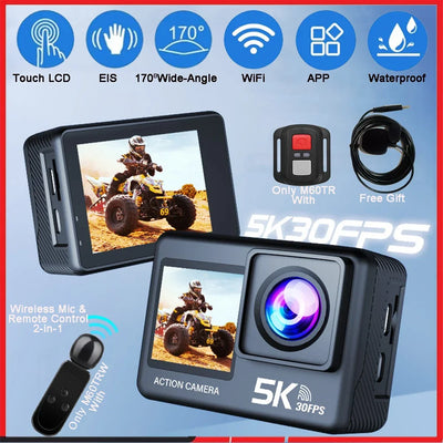 5K 4K60FPS Action Camera 50MP 2" Touch Dual Screen 5X Zoom Wi-Fi EIS 170° DVR Webcam Wireless Mic 30M Waterproof Sport Camera