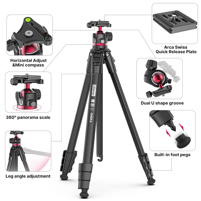 Ulanzi OMBRA Travel Tripod Aluminum Alloy Metal Outdoor Smartphone DSLR Camera Tripod Monopod W Arca Swiss Plate Ball Head