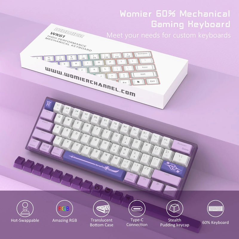 Womier WK61 61 Keys Hot-Swappable Purple Creamy Theme Mechanical Keyboard 60% Custom RGB Wired Gaming Keyboard for Win Mac