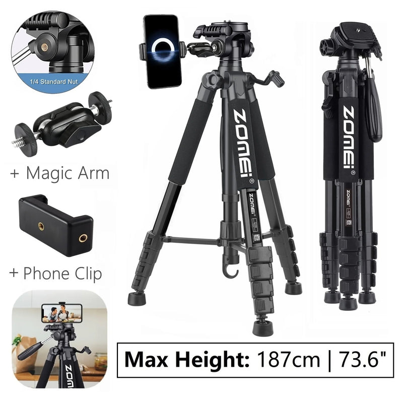 187cm/73.6in Zomei Professional Floor Tripod for Camera DSLR Canon Nikon Mobile Projector Telescope Spotlight Phone Holder Stand