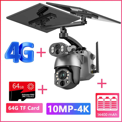 4K 4G SIM Solar Camera 10MP Dual Lens 50X Zoom Surveillance WIFI Outdoor PTZ Security Video Monitor Human Detection CCTV IP Cam