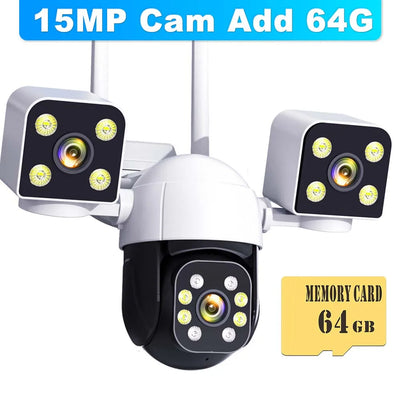 15MP WiFi Camera Outdoor Three lens PTZ Video Surveillance Security Protection 4K IP Camera Smart Home Wireless CCTV Cam NVR