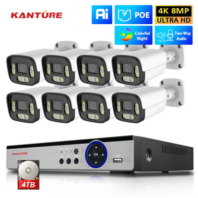 KANTURE 8CH 4K Ai Human Detection 8MP Outdoor Two Way Audio Color Night Security Camera System Video Surveillance Kit Xmeye P2P