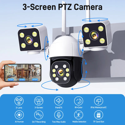 15MP WiFi Camera Outdoor Three lens PTZ Video Surveillance Security Protection 4K IP Camera Smart Home Wireless CCTV Cam NVR