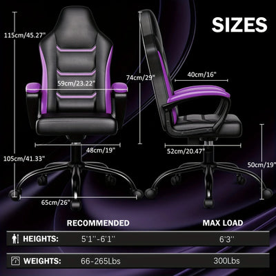 Purple Big and Tall Ergonomic Computer Gaming Chair - Computer Gaming Chairs with PU Leather Lumbar Support Desk gaming Cat ears