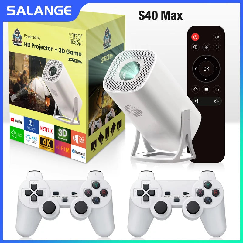 Salange S40 Max Projector 4K HD 1080P Bluetooth Android 11 Mini Proyector With 2 Wireless Game Controllers Built-in 3000 Games