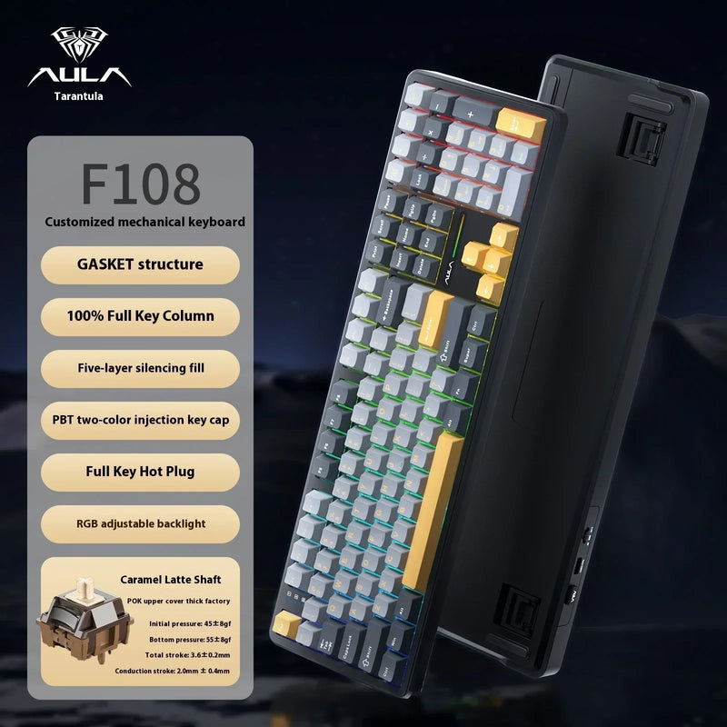 New Aula F108 Tri-Mode Mechanical Keyboard 1k Polling Rate Bluetooth Wireless Customized Hifi Switch Hot Swap Rgb Keyboards Gift