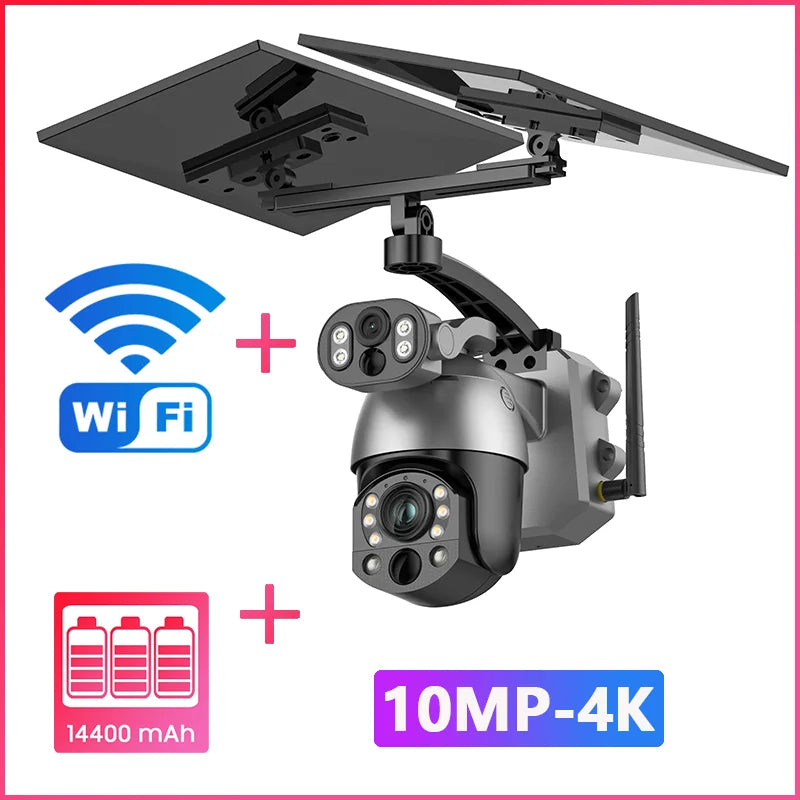 4K 4G SIM Solar Camera 10MP Dual Lens 50X Zoom Surveillance WIFI Outdoor PTZ Security Video Monitor Human Detection CCTV IP Cam